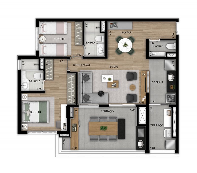 Planta 2 Dormitórios Ampliado
